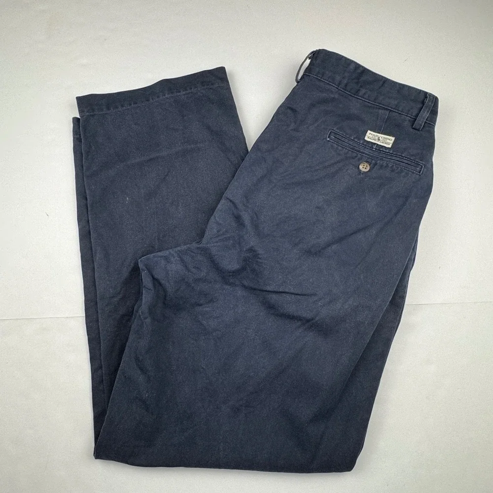 Vintage Polo Ralph Lauren Chinos 33x30 Cotton Navy Blue Pleated Relaxed USA Made
